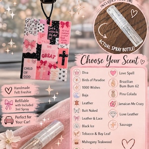 May include: Christian felt air freshener with a 3ml scent spray. The handmade felt freshener has a faith-based design and is refillable. Choose from scents like Diva, Love Spell, and Pina Colada. Perfect for your car.