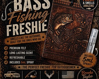 Bass Fishing Felt Freshie, Leather Look Car Air Freshener with Spray, Rearview Mirror Decor