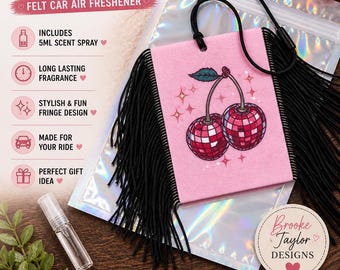 Disco Cherry Felt Car Freshie, Pink Tassel Rearview Mirror Accessory, Car Decor