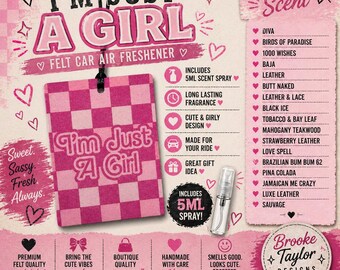 I’m Just A Girl Felt Freshie, Pink Checkered Car Air Freshener, Girly Car Decor, Cute Rearview Mirror Hanger (Includes Spray)