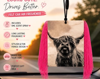 Sassy Highland Cow Felt Freshie, Western Car Air Freshener, Rearview Mirror Decor