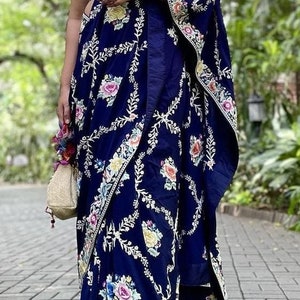 Handmade Parsi Authentic Saree, Pure Silk Banarasi saree, Parsi handcrafted ,wedding saree, hand embroidered blouse, Pure crepe de Chine