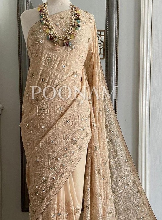 Buy Handmade Pastel Chikankari Saree Pure Georgette Chikankari