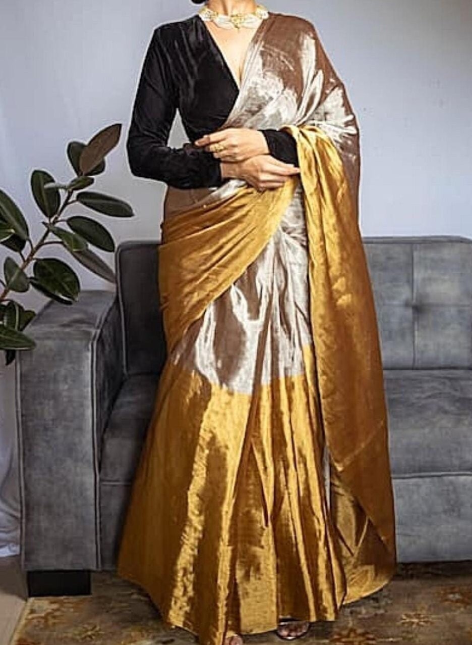 Metallic Gold and Silver Chanderi Handloom Pure Tissue Silk Saree