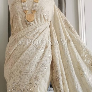 Hecho a mano marfil Chikankari Saree / georgette pura Chikankari Saree / boda nupcial Saree / dama de honor Lucknowi Saree / Chikankari Saree EE.UU.