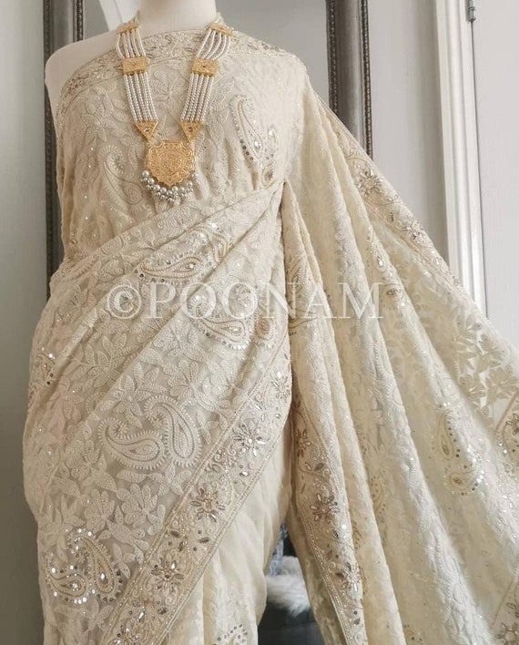 Handmade Ivory Chikankari Saree Pure Georgette Chikankari Saree Bridal  Wedding Saree Bridesmaid Lucknowi Saree Chikankari Saree USA -  Canada