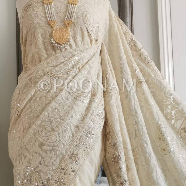 Handmade Ivory Chikankari Saree | Pure georgette Chikankari Saree | Bridal Wedding Saree | bridesmaid Lucknowi Saree | Chikankari Saree USA