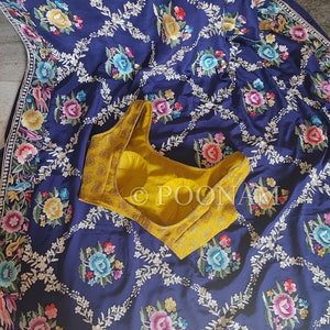 Handmade Parsi Authentic Saree, Pure Silk Banarasi saree, Parsi handcrafted ,wedding saree, hand embroidered blouse, Pure crepe de Chine