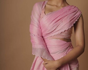 Saree en organza rose pastel, sari festonné, sari en organza, sari en organza pur, tenue de soirée robe traditionnelle indienne, saris Poonam États-Unis