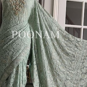 Handmade Pastel Chikankari Saree | Pure georgette Chikankari Saree | Bridal Wedding Saree | bridesmaid Lucknowi Saree | Chikankari Saree USA