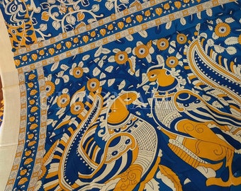 Kalamkari Peacock Saree Hand Block Printed Mulmal sarees I Paisley Block Print Saree I Mulmal Cotton Saree | Poonam Sarees