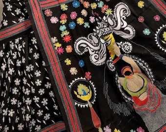 Handgemaakte exclusieve kantha-zijde pure kantha sari, feestkleding sari, designer kantha zijden sari, puja sari