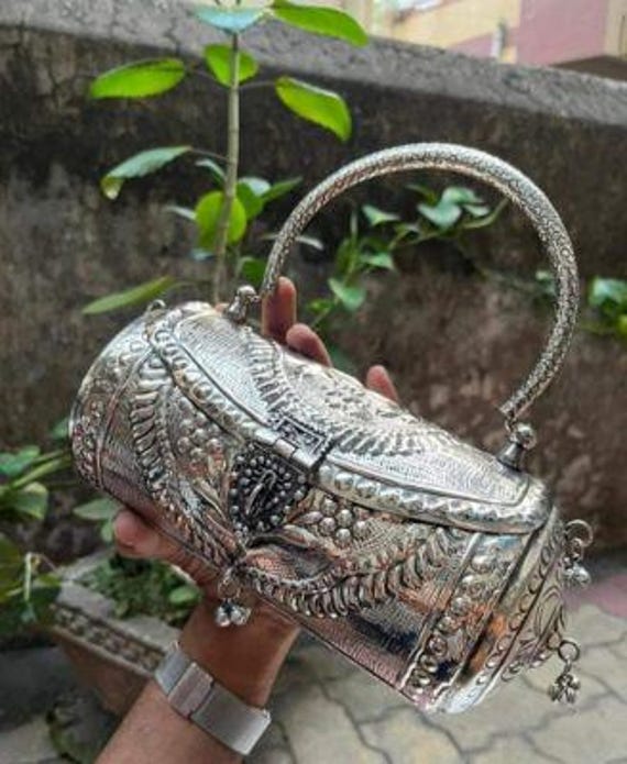 Antique Engraved Brass Clutch Silver Metal Evening Bag