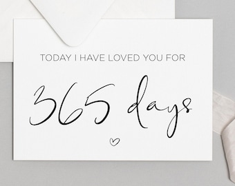 Hoy te he amado durante 365 días Tarjeta imprimible de aniversario, 1er aniversario de bodas, Novio Novia, Descarga digital, Un año