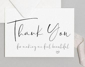 Gracias por hacerme sentir hermosa tarjeta imprimible del día de la boda, regalo de agradecimiento para el maquillador, descarga digital, archivo instantáneo