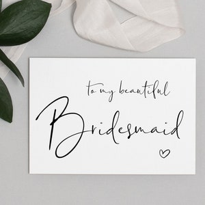 Aan mijn mooie bruidsmeisje op mijn trouwdag afdrukbare kaart, elegant, cadeau voor bruidsmeisje, kaart voor bruidsfeest, digitale download, instant