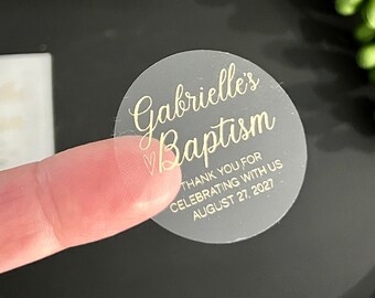 Pegatinas de bautizo personalizadas con lámina dorada, regalos de bautizo personalizados, regalos para invitados a la recepción, etiquetas redondas para sobres, dulces de recuerdo.