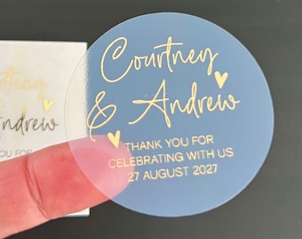 Pegatinas personalizadas de papel dorado para recuerdos de boda con los nombres de los novios, regalos personalizados para invitados a la fiesta de compromiso, etiquetas redondas de papelería.