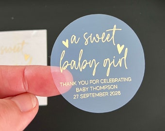 Personalised Gold Foil Sweet Baby Girl Stickers, Baby Shower Party Favours, Gifts for Guests, Round Labels for Popcorn, Lolly Bags Envelopes