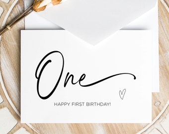 Printable First Birthday Card, Baby 1st Bday Cards, Girl Boy Happy Birthday, Cute Heart Keepsake Gift One Party Digital Instant Download DIY