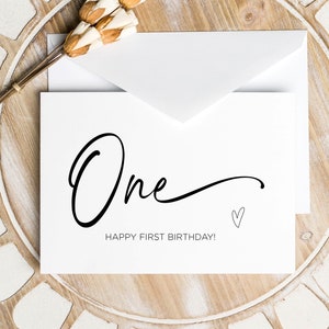 Imprimable premier anniversaire carte, bébé 1er Bday cartes, fille garçon joyeux anniversaire, mignon coeur souvenir cadeau une partie numérique téléchargement instantané bricolage