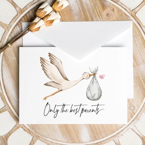 Tarjeta de anuncio de embarazo con cigüeña, personalizada para futuros abuelos, solo los mejores padres, anuncio de nacimiento de bebé en camino personalizado