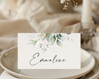 Printed Place Cards for Wedding, Folded Place Cards for Reception Guests, Eucalyptus Place Tags with Names, Bride and Groom, Table Decor