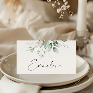 Marque-places imprimés pour mariage, marque-places pliés pour les invités de la réception, marque-places en eucalyptus avec noms, jeunes mariés, décoration de table