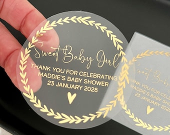 Pegatinas personalizadas para baby shower de niña dulce con papel dorado, obsequios de fiesta para la futura mamá, regalos para invitados al baby shower, etiquetas redondas, regalos para invitados