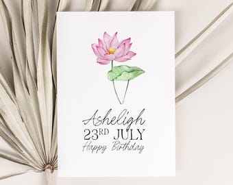 Personalised Birth Flower Birthday Card, Custom July Birth Flower Water Lily, Customised with Name, Best Friend, Sister, Gift Mother