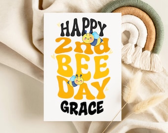 Tarjeta de cumpleaños infantil personalizada "Feliz segundo día de las abejas", fiesta temática de abejas