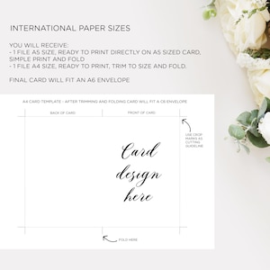 May include: A diagram showing how to trim and fold an A4 card template to fit a C6 envelope. The card design is shown in the center of the diagram with the text "Card design here".