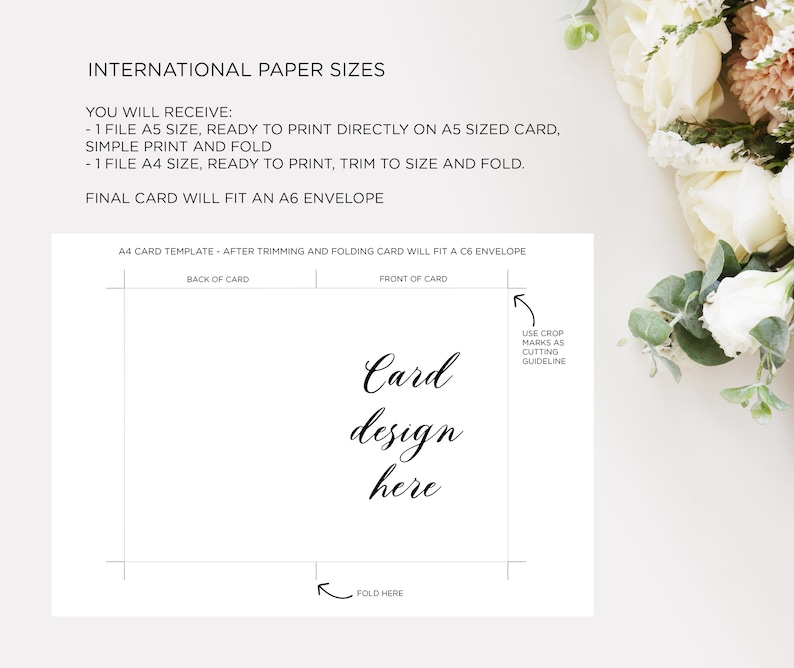 May include: A diagram showing how to trim and fold an A4 card template to fit a C6 envelope. The card design is shown in the center of the diagram with the text "Card design here".