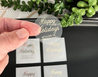 Pegatinas de Feliz Navidad personalizadas con lámina dorada, Felicitaciones navideñas personalizadas, Regalos para familiares y amigos, Etiquetas redondas para regalos de Navidad