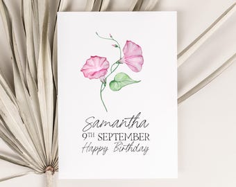 Personalised Birth Flower Birthday Card, Custom September Birth Flower Morning Glory, Customised with Name, Best Friend, Sister, Gift Mother