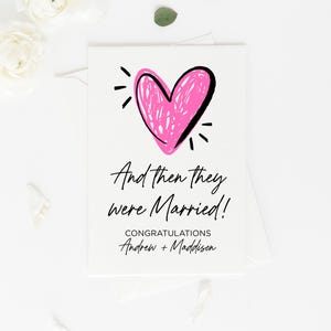 Bonita tarjeta de felicitación de boda, nombres personalizados de novios y novias, y luego se casaron, regalo de boda personalizado para pareja, corazón rosa