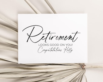Tarjeta de jubilación personalizada. "La jubilación te sienta bien". Tarjeta de felicitación personalizada con nombre para amigos, padres y compañeros de trabajo.