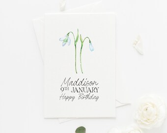 Personalised Birth Flower Birthday Card, Custom January Birth Flower Snowdrop, Customised with Name, For Best Friend, Sister