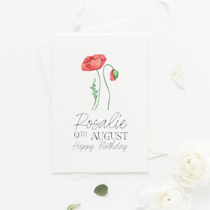 Personalised Birth Flower Birthday Card, Custom August Birth Flower Poppy, Customised with Name, Best Friend, Sister, Gift Mother