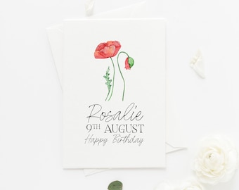 Personalised Birth Flower Birthday Card, Custom August Birth Flower Poppy, Customised with Name, Best Friend, Sister, Gift Mother