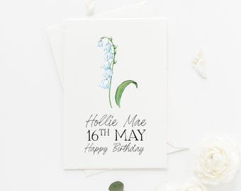 Tarjeta de cumpleaños personalizada con flor de nacimiento, lirio de los valles, personalizada con nombre, para mejor amiga, hermana o madre.