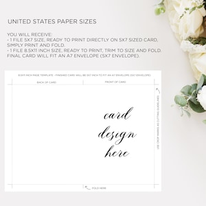 May include: A printable template for a 5x7 inch card. The template includes crop marks for cutting and a fold line. The text "card design here" is written in cursive on the front of the card.