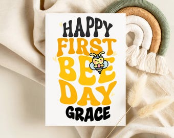 Tarjeta de cumpleaños infantil personalizada "Feliz primer día de las abejas", fiesta temática de abejas.
