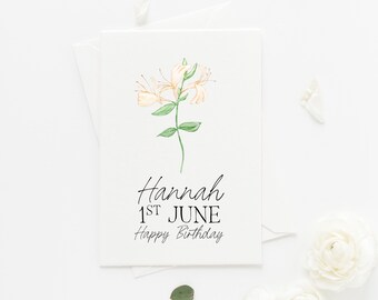 Personalised Birth Flower Birthday Card, Custom June Birth Flower Honey Suckle, Customised with Name, Best Friend, Sister, Gift Mother