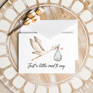 Biglietto d'auguri per la gravidanza con cicogna, bigliettino personalizzato con un piccolo messaggio da dire, futuri nonni, annuncio di nascita personalizzato per il bambino in arrivo