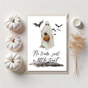 Biglietto di annuncio di gravidanza per Halloween, personalizzato "Nessun scherzetto, solo un piccolo dolcetto", "Bambino in arrivo" personalizzato per i futuri nonni, spettrale
