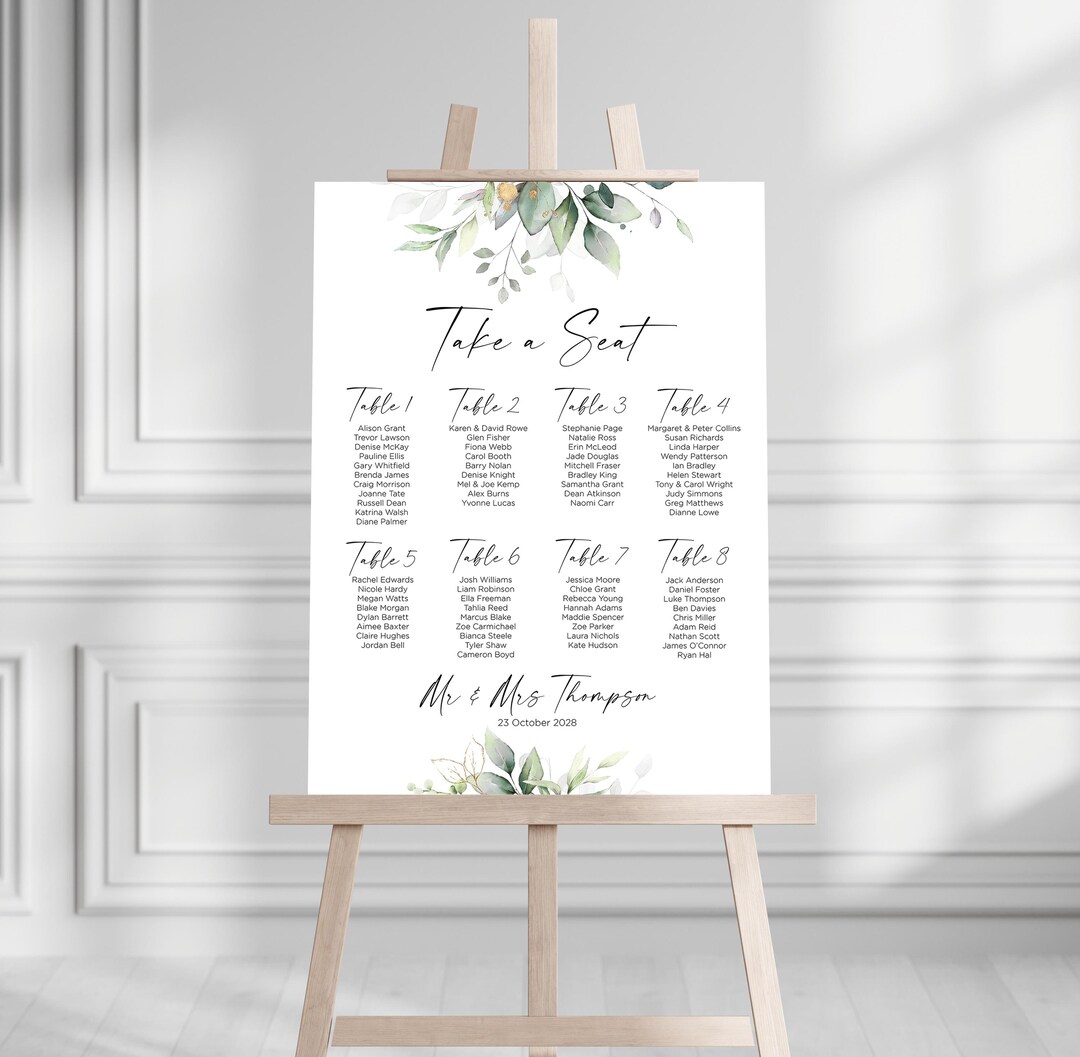 Custom Eucalyptus Wedding Seating Plan, Greenery Reception Seating