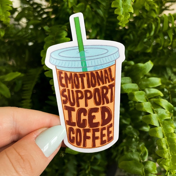 Funny Emotional Support Iced Coffee Sticker | Waterproof Vinyl Sticker Laptop Illustrated | Funny Coworker Gift, Coffee Lover Sticker Gift