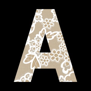 May include: A white letter A with a lace pattern in beige and white.
