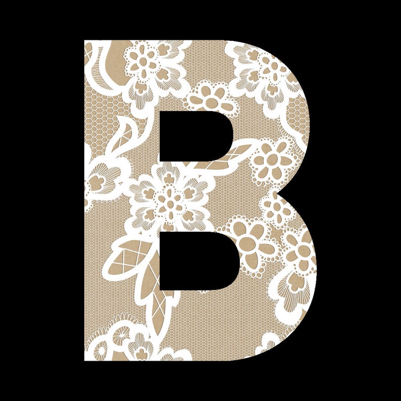 May include: White lace letter B with a brown background. The lace has a floral pattern.